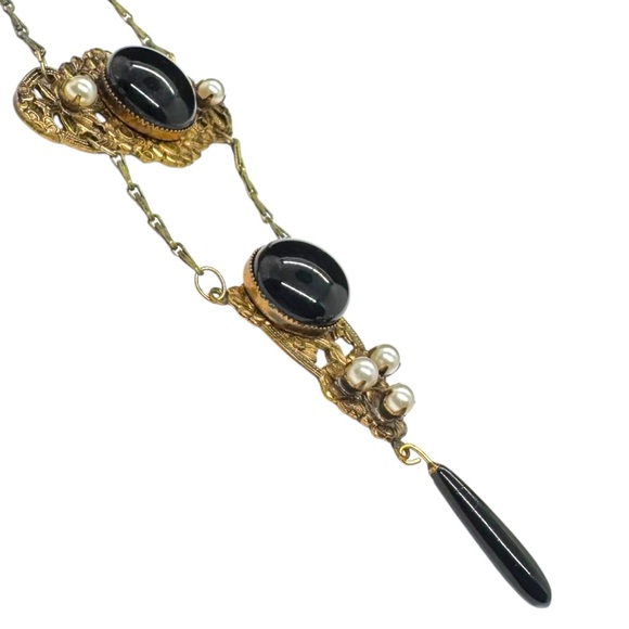 Vintage Victorian Jet Glass & Faux Pearl Drop Necklace - Picture 8 of 10